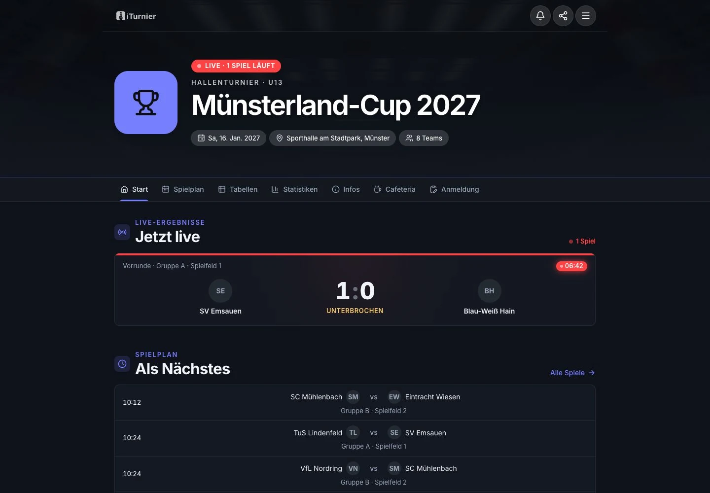 Öffentliche Startseite des Beispielturniers