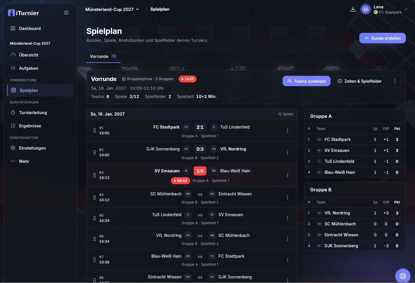 Spielplan mit Gruppenphase