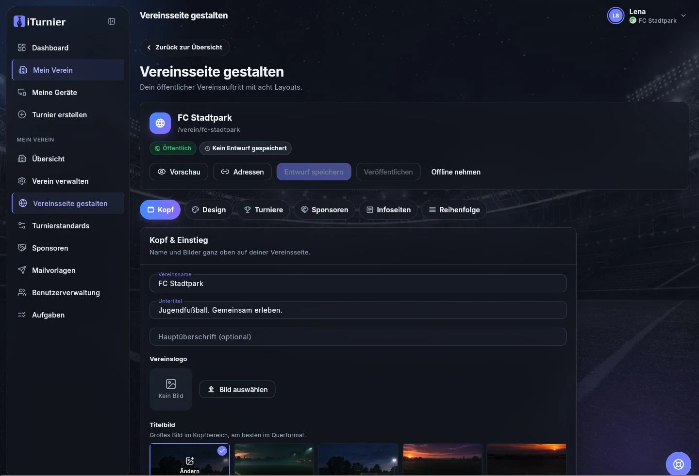 Vereinsseite in turnier.io gestalten