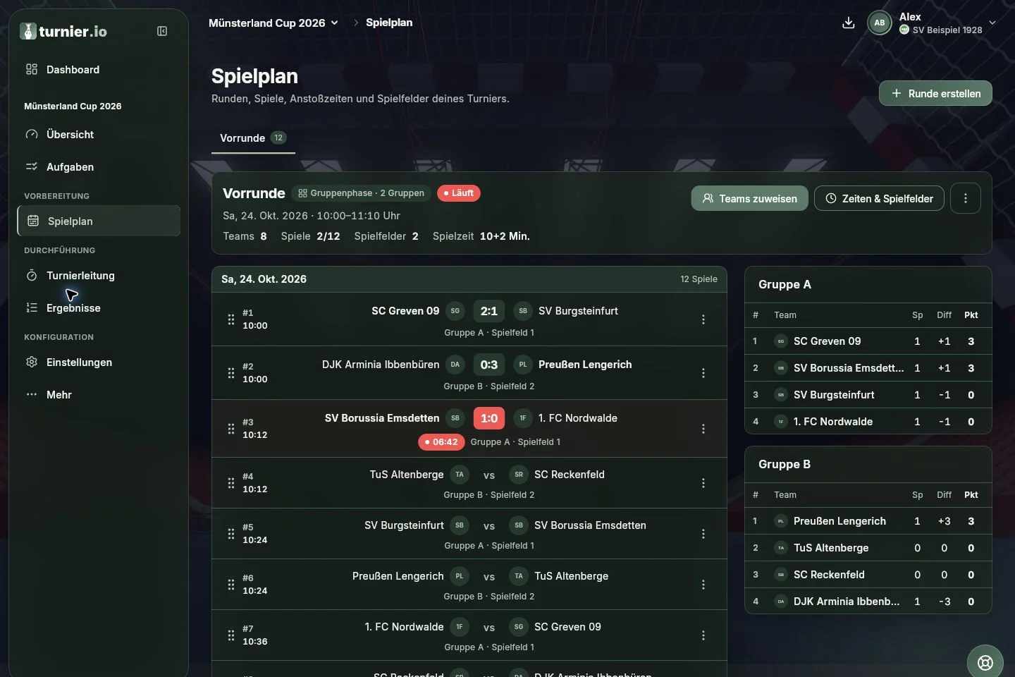 Spielplan mit Gruppenphase