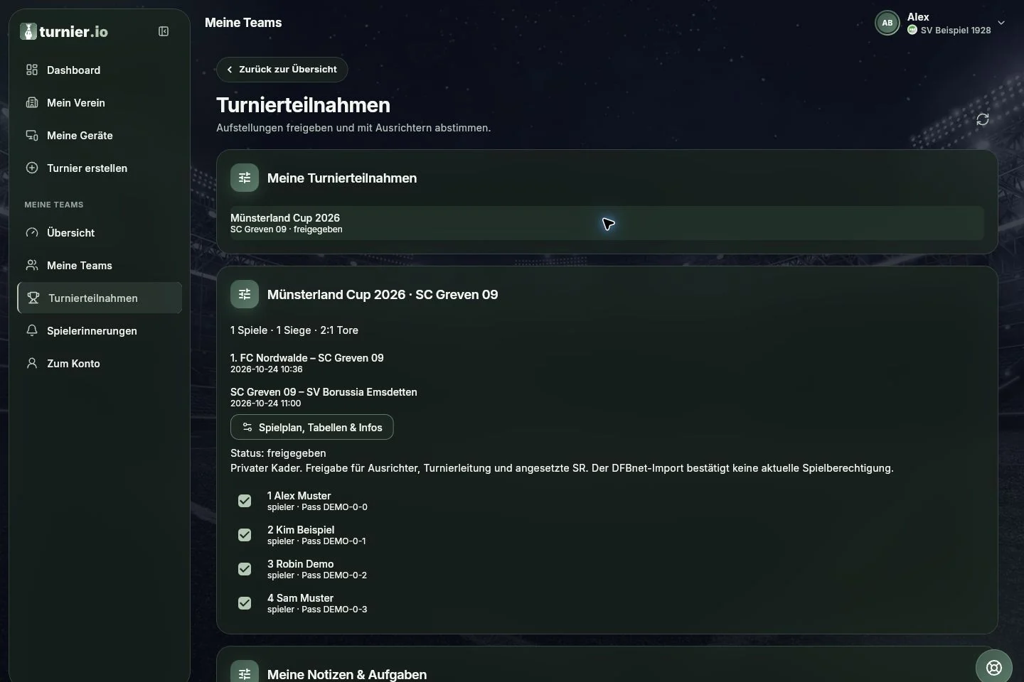 Turnierteilnahme mit nächsten Spielen und privatem Kader