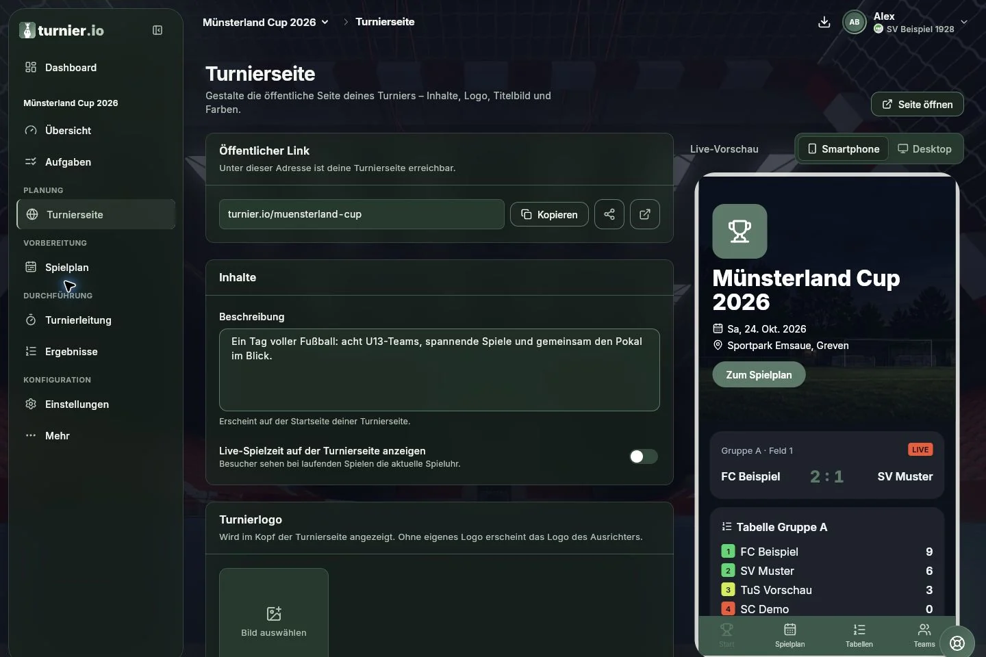 Turnierseite in turnier.io bearbeiten